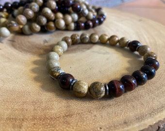 Jasper and Tiger Eye Beaded Bracelet - Elastic Gemstone Bracelet Unisex