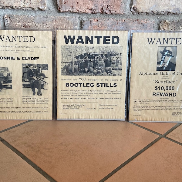 Old Historic Wanted Poster Prints / Bootleg / Al Capone / Bonnie and Clyde - 11" x 8.5" Vintage Prints