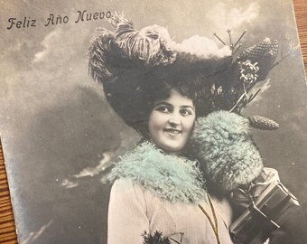 Early 1900's Spanish Happy New Year Vintage Postcard Woman Carrying Gifts
