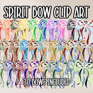 Könnte beinhalten: Eine Sammlung von 30 digitalen Clip-Art-Illustrationen von Schleifen mit verschiedenen Vichy-Karomustern in mehreren Farben, jeweils akzentuiert mit einer weißen perlenartigen Schnur. Der Text SPIRIT BOW CLIP ART und 30 BOWS INCLUDED ist sichtbar.
