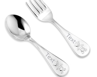 Juego de cuchara y tenedor para bebé en plata de ley, ancho, con diseño de osito de peluche.