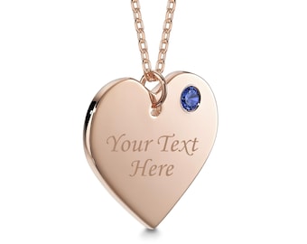 Collar MASSETE de plata de ley 925 con corazón grabado personalizado y colgante con piedra de nacimiento simulada de septiembre para mujeres y niñas, chapado en oro rosa de 14 k.