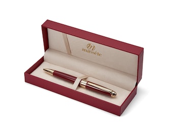 Bolígrafo de lujo Massete Linea Executive: rojo brillante, detalles en oro de 23 quilates, punta mediana, tinta azul, caja de regalo, recambio adicional, grabable.