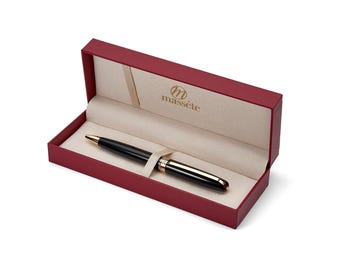 Bolígrafo de lujo Massete Linea Executive: negro brillante, detalles en oro de 23 quilates, punta mediana, tinta azul, caja de regalo, recambio adicional, grabable.