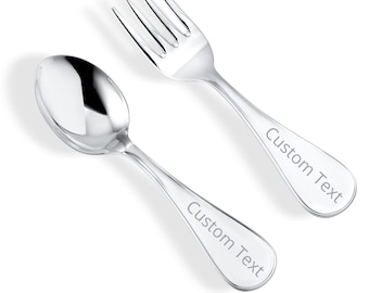 Juego de cuchara y tenedor para bebé de plata esterlina, ancho, recuerdo, liso, grabable