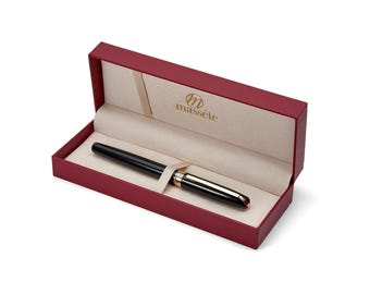 Bolígrafo roller de lujo Massete Linea Executive: negro brillante, detalles en oro de 23 quilates, punta fina de tinta negra, caja de regalo, recambio adicional, grabable.