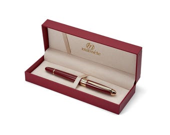 Bolígrafo roller de lujo Massete Linea Executive: rojo brillante, detalles en oro de 23 quilates, punta fina, tinta azul, caja de regalo, recambio adicional, grabable.