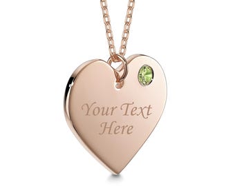 Collar MASSETE de plata de ley 925 con corazón personalizado y piedra de nacimiento simulada de agosto, colgante grabable para mujeres y niñas, chapado en oro rosa de 14 k.