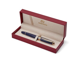 Bolígrafo roller de lujo Massete Linea Executive: azul marino brillante, detalles en oro de 23 quilates, punta fina, tinta azul, caja de regalo, recambio adicional, grabable.