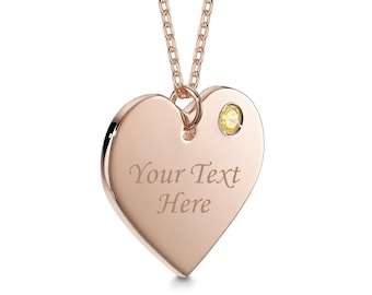 Collar MASSETE de plata de ley 925 con corazón grabado personalizado y colgante con piedra de nacimiento simulada de noviembre para mujeres y niñas, chapado en oro rosa de 14 k.