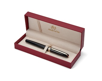 Bolígrafo roller de lujo Massete Linea Executive: negro brillante, detalles en oro de 23 quilates, punta fina, tinta azul, caja de regalo, recambio adicional, grabable.