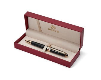 Bolígrafo de lujo Massete Linea Executive: negro brillante, detalles en oro de 23 quilates, punta mediana, tinta azul, caja de regalo, recambio adicional, grabable.