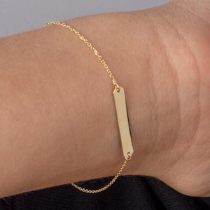 14K Yellow Gold Engravable Personalized Bar ID Bracelet Polished Shiny on Cable Chain Italy 7&quot;