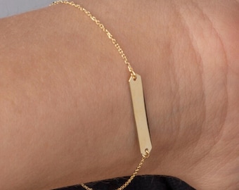 Pulsera de identificación personalizada con barra grabable en oro amarillo de 14 quilates, pulida y brillante, con cadena de eslabones, fabricada en Italia, 7 pulgadas.