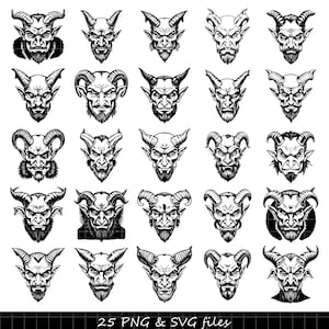 Puede incluir: Colección de 25 ilustraciones en blanco y negro de rostros demoníacos con cuernos y barbas, con diversas expresiones. El texto "25 PNG & SVG files" está en la parte inferior. Ideal para proyectos de arte digital.