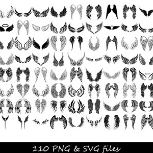 May include: A collection of 110 black and white angel wing illustrations. The wings are in various styles and sizes, some with halos. The illustrations are perfect for use in digital or physical crafts.