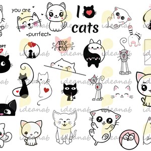 May include: A collection of cute cat illustrations in various poses and styles. The illustrations feature black, white, and yellow cats with hearts, paw prints, and the text "I love cats".