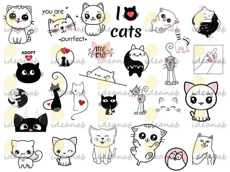 May include: A collection of cute cat illustrations in various poses and styles. The illustrations feature black, white, and yellow cats with hearts, paw prints, and the text "I love cats".