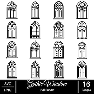 Könnte beinhalten: Eine Sammlung von 16 schwarz-weißen digitalen Illustrationen mit verschiedenen Bogenfenster-Designs und komplexen Maßwerkmustern. Das Grafikset enthält diverse architektonische Fensterstile in einer Rasteranordnung, bezeichnet als Gothic Window SVG Bundle.