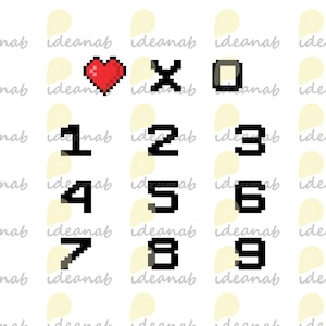 Pode incluir: Uma imagem em estilo pixel art de um cora&ccedil;&atilde;o, um X, um quadrado e os n&uacute;meros de 1 a 9. O cora&ccedil;&atilde;o &eacute; vermelho e os outros s&iacute;mbolos s&atilde;o pretos.