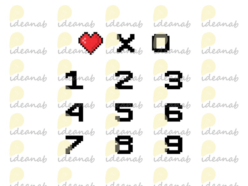 Pode incluir: Uma imagem em estilo pixel art de um cora&ccedil;&atilde;o, um X, um quadrado e os n&uacute;meros de 1 a 9. O cora&ccedil;&atilde;o &eacute; vermelho e os outros s&iacute;mbolos s&atilde;o pretos.