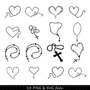 May include: Black and white digital illustrations of rosaries in various designs, including heart shapes and traditional styles. Each rosary features a cross pendant. The image includes the text "14 PNG & SVG files".