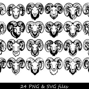 Op de afbeelding: Een set van 24 zwart-wit illustraties van rammenkoppen met gekrulde hoorns. De rammenkoppen zijn naar voren gericht en hebben een eenvoudig, gestileerd ontwerp.