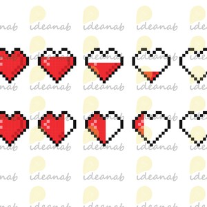 Pode incluir: Um conjunto de cora&ccedil;&otilde;es de pixel art em v&aacute;rios est&aacute;gios de preenchimento, de um cora&ccedil;&atilde;o vermelho cheio a um cora&ccedil;&atilde;o branco vazio. Os cora&ccedil;&otilde;es est&atilde;o em um padr&atilde;o de grade, com cada linha mostrando um est&aacute;gio diferente de preenchimento.