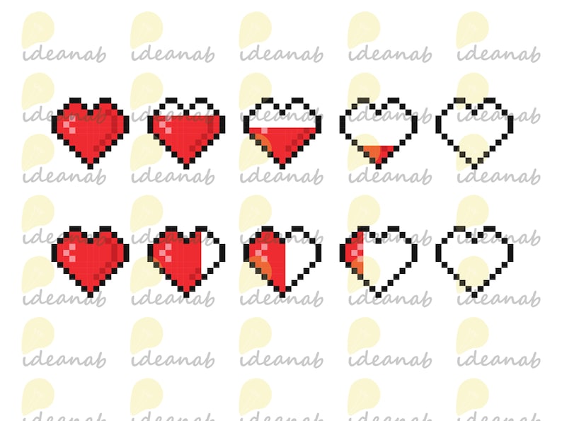 Pode incluir: Um conjunto de cora&ccedil;&otilde;es de pixel art em v&aacute;rios est&aacute;gios de preenchimento, de um cora&ccedil;&atilde;o vermelho cheio a um cora&ccedil;&atilde;o branco vazio. Os cora&ccedil;&otilde;es est&atilde;o em um padr&atilde;o de grade, com cada linha mostrando um est&aacute;gio diferente de preenchimento.