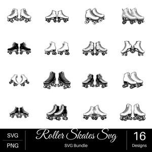 May include: A digital collection of 16 black and white illustrations featuring various pairs of roller skates in different poses and styles. The graphic set includes detailed line art designs of quad skates with wheels and laces, labeled as a Roller Skates SVG bundle.