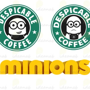 May include: Two green and white circular logos with the text "Despicable Me Coffee" and a cartoon minion inside. Below the logos is the text "Minions" in yellow 3D letters.
