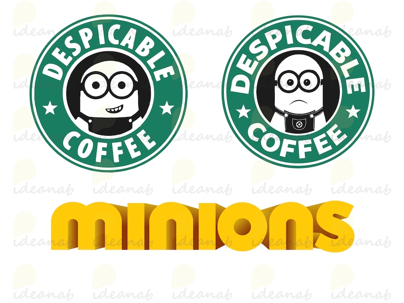 May include: Two green and white circular logos with the text "Despicable Me Coffee" and a cartoon minion inside. Below the logos is the text "Minions" in yellow 3D letters.