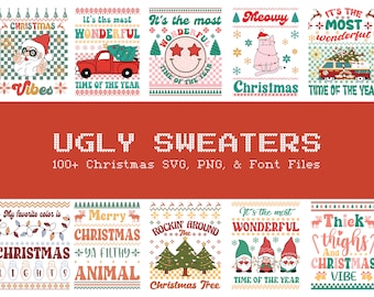 Bundle SVG pull moche, pull laid clipart svg, pull laid svg pour enfants, chat svg pull de Noël moche, police de tricot, police de pull moche