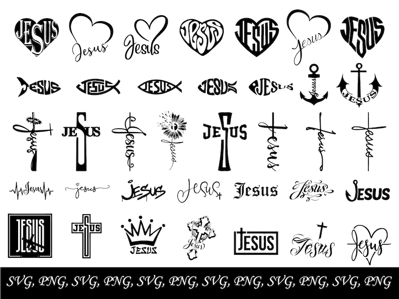 May include: A collection of 25 black and white SVG and PNG digital files featuring various designs with the word "Jesus". The designs include hearts, crosses, fish, anchors, and crowns.