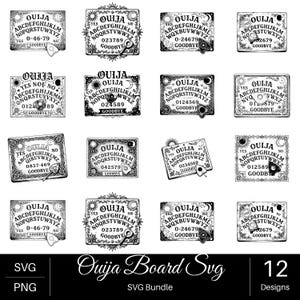 Puede incluir: Una colección digital de 12 diseños de tableros Ouija en blanco y negro en formatos SVG y PNG. Cada tablero rectangular presenta el alfabeto, números, las palabras YES, NO y GOODBYE, junto con motivos celestiales y un puntero planchette.