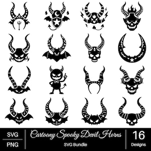 Pode incluir: Uma coleção de 16 designs gráficos em preto e branco com vários chifres de diabo, caveiras, morcegos e personagens de desenhos animados. O texto na parte inferior diz Cartoony Spooky Devil Horns, SVG Bundle, 16 Designs, SVG e PNG.