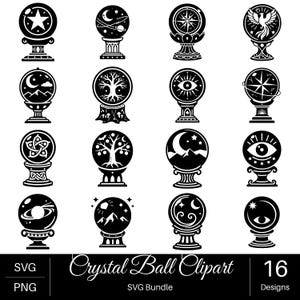 May include: A collection of sixteen black and white graphic icons featuring crystal balls on ornate stands. Each sphere contains unique symbols including stars, moons, trees, eyes, mountains, planets, and a phoenix. The text reads Crystal Ball Clipart.