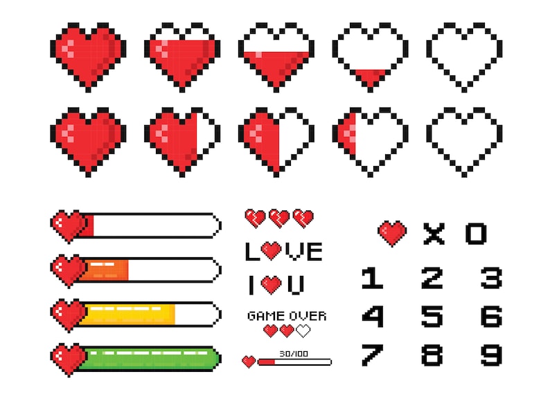 Pode incluir: Gr&aacute;ficos de arte pixelados de cora&ccedil;&otilde;es, um medidor de amor e os n&uacute;meros de 0 a 9. Os cora&ccedil;&otilde;es est&atilde;o em v&aacute;rios estados de preenchimento, de cheio a vazio. O medidor de amor &eacute; uma barra de progresso com um &iacute;cone de cora&ccedil;&atilde;o e o texto "LOVE" e "I U". Os n&uacute;meros est&atilde;o em uma fonte pixelada.