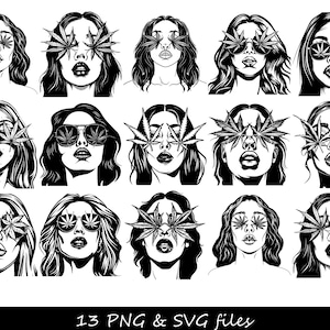 May include: A set of 13 black and white illustrations of women with marijuana leaves covering their eyes. Each woman has a different hairstyle and expression.