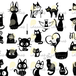 May include: A collection of black and white cat illustrations in various poses. Some cats are wearing angel wings, others are holding hearts, and some are sitting in a book. The word "Meow" is written in a playful font.