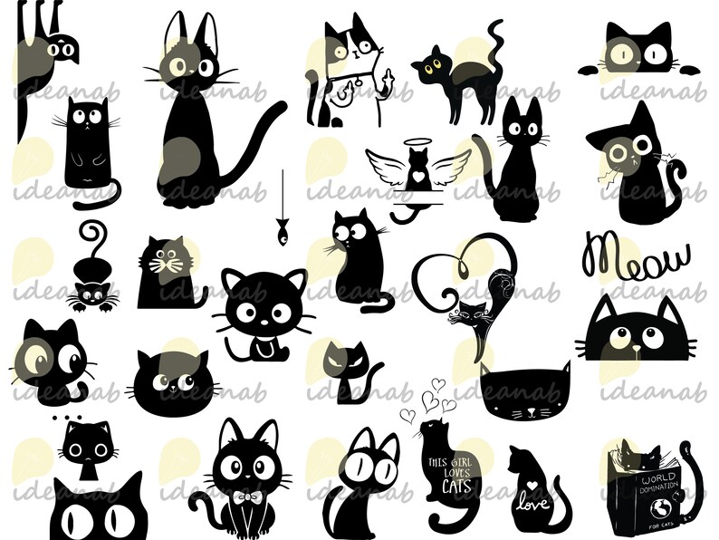 May include: A collection of black and white cat illustrations in various poses. Some cats are wearing angel wings, others are holding hearts, and some are sitting in a book. The word "Meow" is written in a playful font.
