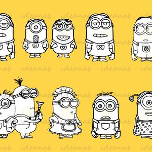 May include: A black and white line drawing of ten different Minions, a popular animated character. The Minions are in various poses, including standing, holding objects, and wearing different outfits.