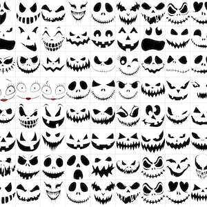 以下が含まれることがあります： 黒と白のハロウィンのジャック・オ・ランタンの顔のイラスト81個のセット。顔は怖い、おかしな、かわいいなど、さまざまな表情をしています。