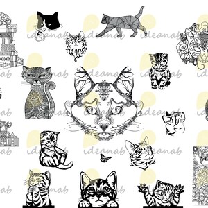 May include: A collection of black and white illustrations of cats in various poses and styles. Some cats are stylized with intricate patterns, while others are more realistic. The illustrations are set against a white background with yellow circles.