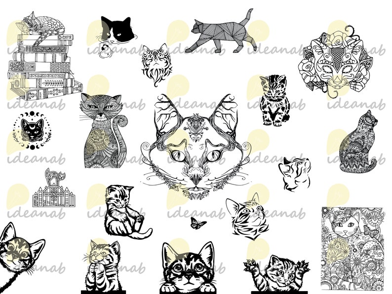 May include: A collection of black and white illustrations of cats in various poses and styles. Some cats are stylized with intricate patterns, while others are more realistic. The illustrations are set against a white background with yellow circles.