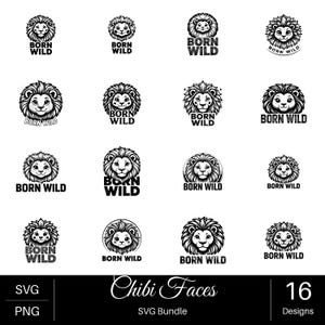 May include: A collection of 16 black and white graphic designs featuring stylized lion faces with the text BORN WILD. Each design displays a unique artistic interpretation of a lion head, presented in a grid format for digital use as SVG or PNG files.