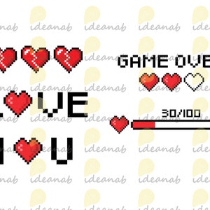 Pode incluir: Um gr&aacute;fico pixelado com as palavras "GAME OVER" em vermelho e branco. Abaixo das palavras, h&aacute; tr&ecirc;s cora&ccedil;&otilde;es, dois vermelhos e um branco. O texto "LOVE" est&aacute; abaixo dos cora&ccedil;&otilde;es, com o "O" substitu&iacute;do por um cora&ccedil;&atilde;o vermelho. Abaixo disso est&aacute; o texto "I &hearts; U" com um cora&ccedil;&atilde;o vermelho no lugar do "O". Uma barra de progresso vermelha est&aacute; abaixo do texto, com as palavras "30/100" acima.