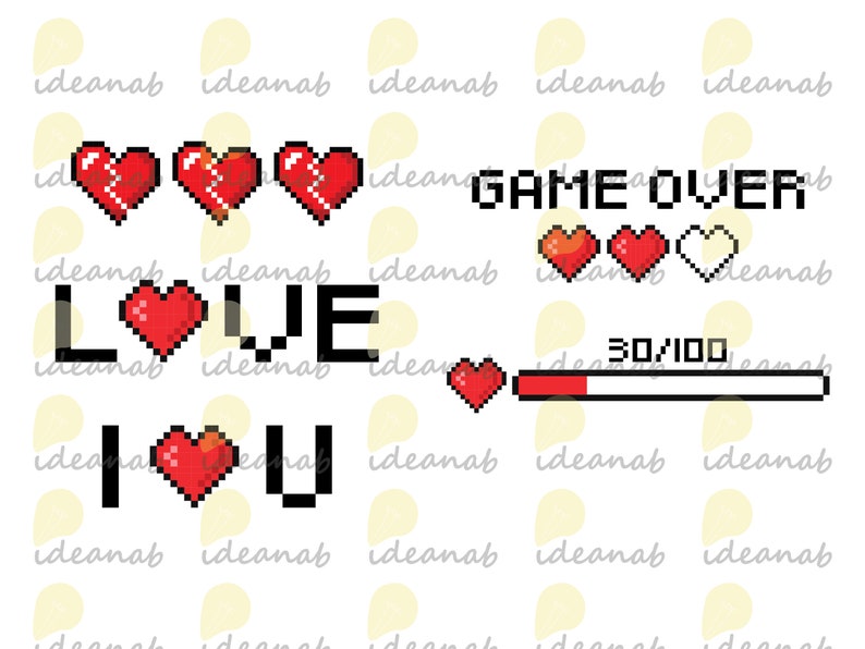 Pode incluir: Um gr&aacute;fico pixelado com as palavras "GAME OVER" em vermelho e branco. Abaixo das palavras, h&aacute; tr&ecirc;s cora&ccedil;&otilde;es, dois vermelhos e um branco. O texto "LOVE" est&aacute; abaixo dos cora&ccedil;&otilde;es, com o "O" substitu&iacute;do por um cora&ccedil;&atilde;o vermelho. Abaixo disso est&aacute; o texto "I &hearts; U" com um cora&ccedil;&atilde;o vermelho no lugar do "O". Uma barra de progresso vermelha est&aacute; abaixo do texto, com as palavras "30/100" acima.