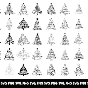 Könnte beinhalten: Eine Sammlung von schwarz-weißen Weihnachtsbaum-Designs. Jeder Baum hat eine einzigartige Silhouette mit den Worten "Frohe Weihnachten" oder festlichen Grüßen. Das Bild enthält SVG- und PNG-Dateityp-Labels.