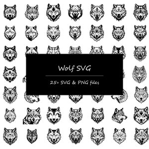 May include: A black and white digital illustration of a wolf's head. The image is part of a set of 25+ wolf SVG and PNG files.